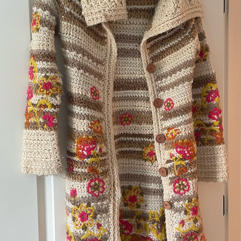 Anthropologie Sleeping On Snow Floral Embroidered Knit Sweater Coat